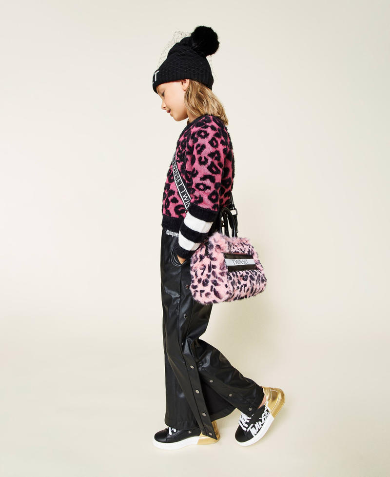 Maglia jacquard animalier con righe Jacquard Carmine Rose / Nero Bambina 212GJ3091-0T