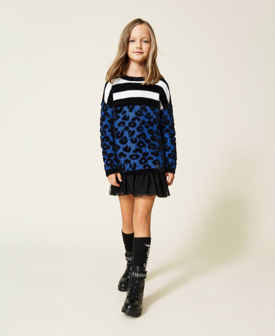 Animal pattern dress and slip with tulle Surf / Black Jacquard Girl 212GJ3092-01