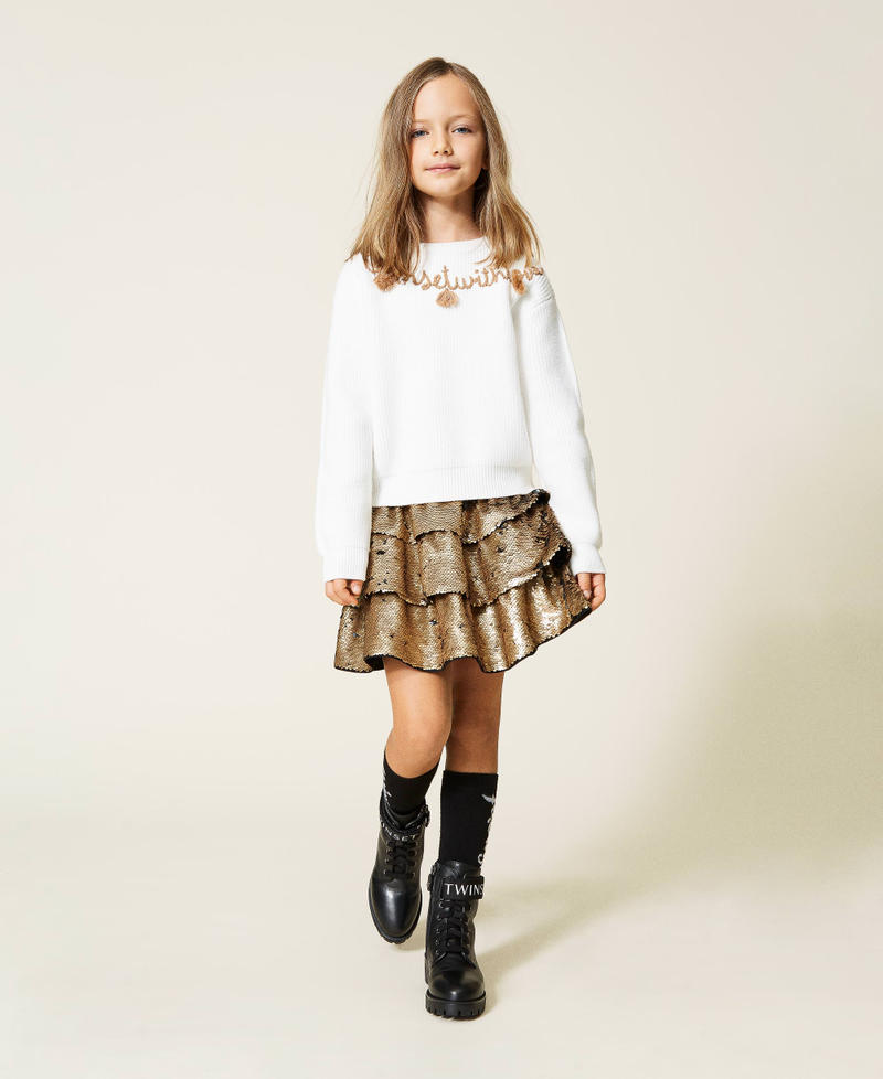 Maglia con ricamo Bicolor Off White / Lurex Oro Bambina 212GJ332B-01