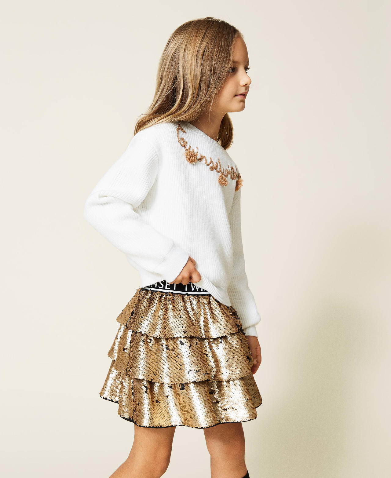 Jumper with embroidery Two-tone Off White / Gold Lurex Girl 212GJ332B-02