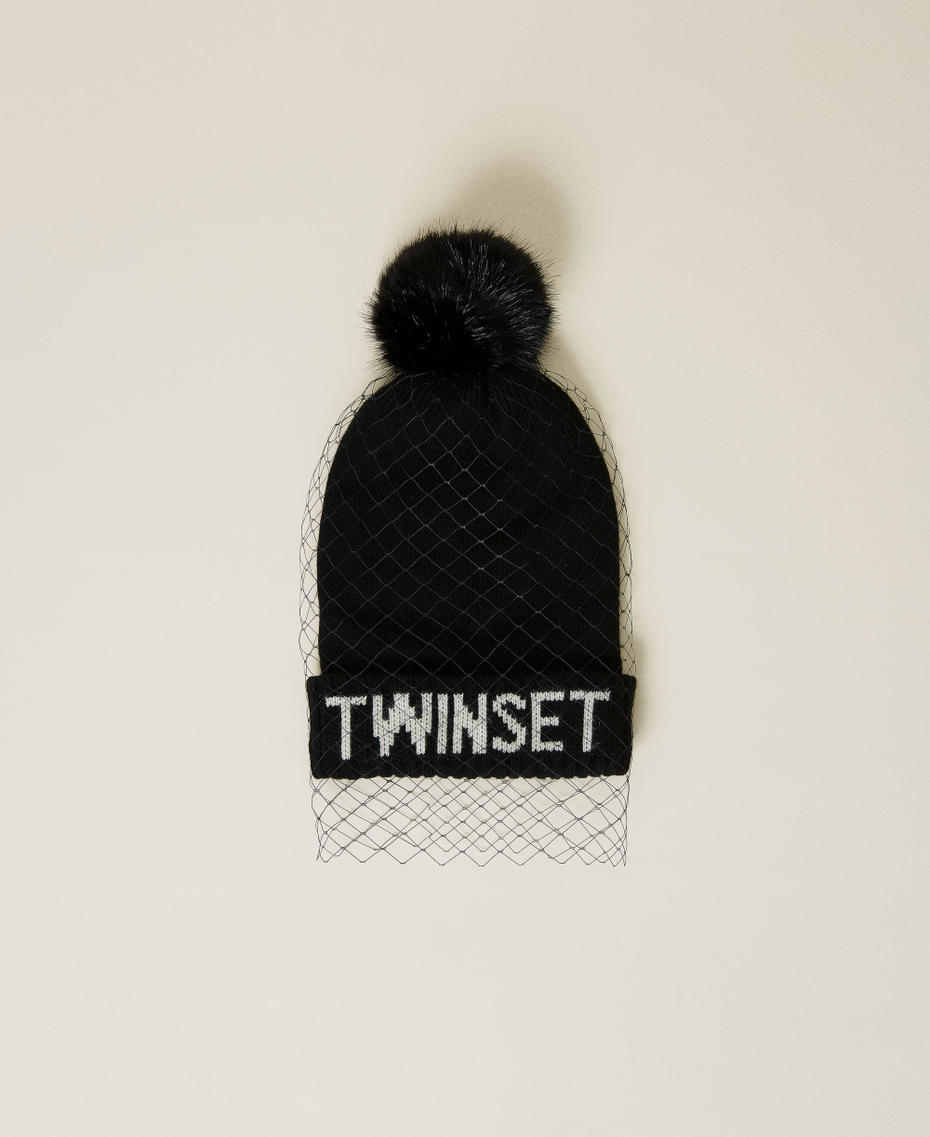 Beanie hat with pompom and veil Black Girl 212GJ4911-01