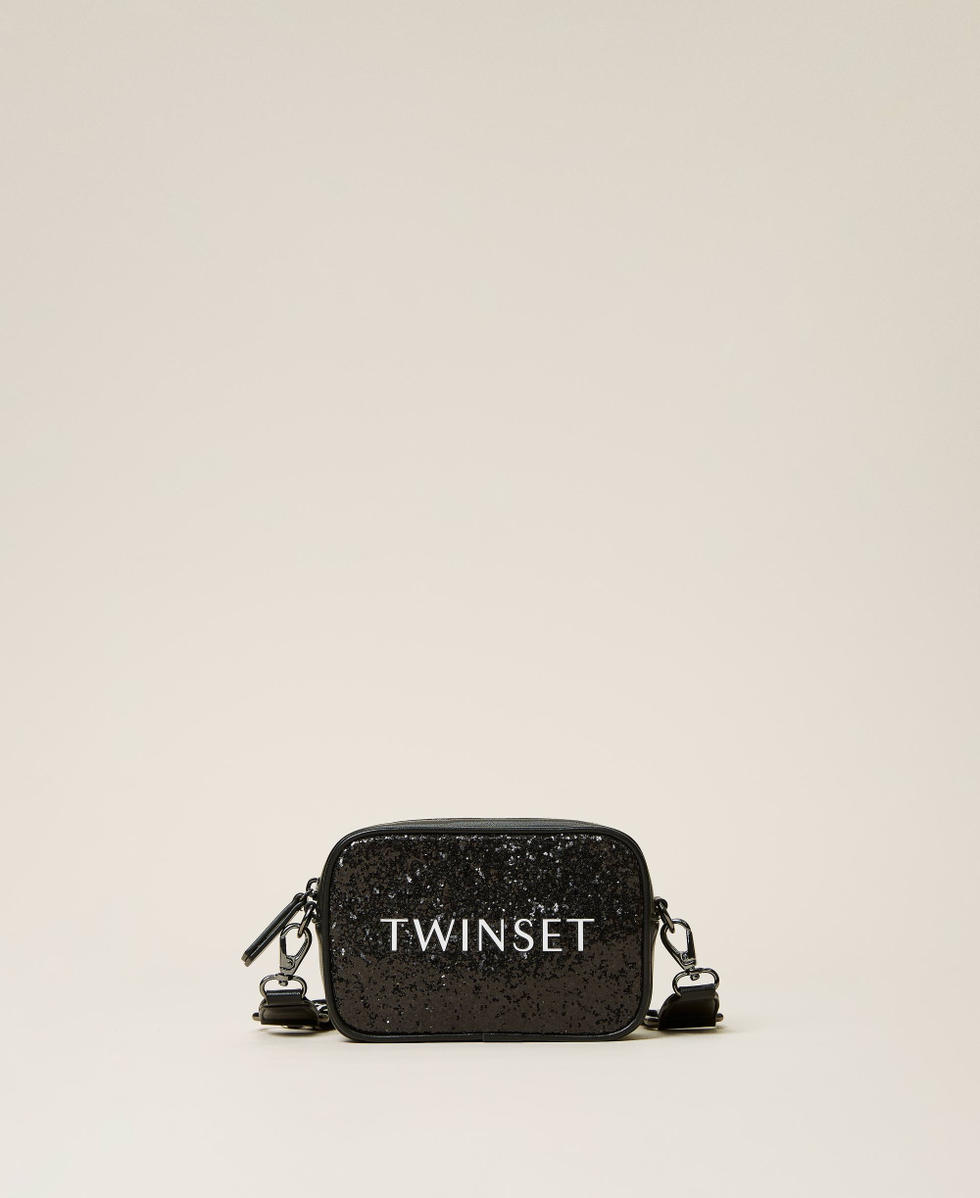 Glitter shoulder bag with logo Girl, Black | TWINSET Milano