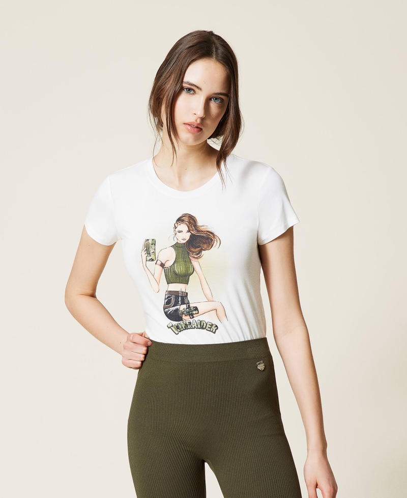 T-Shirt mit Twinraider-Print Elfenbein Frau 212LI2DBB-01