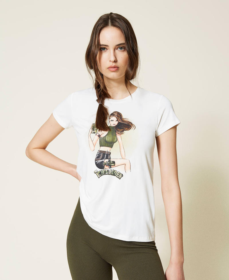 T-Shirt mit Twinraider-Print Elfenbein Frau 212LI2DBB-05