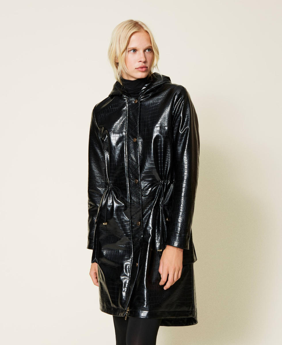 Trench coat in crocodile-effect vinyl fabric, black