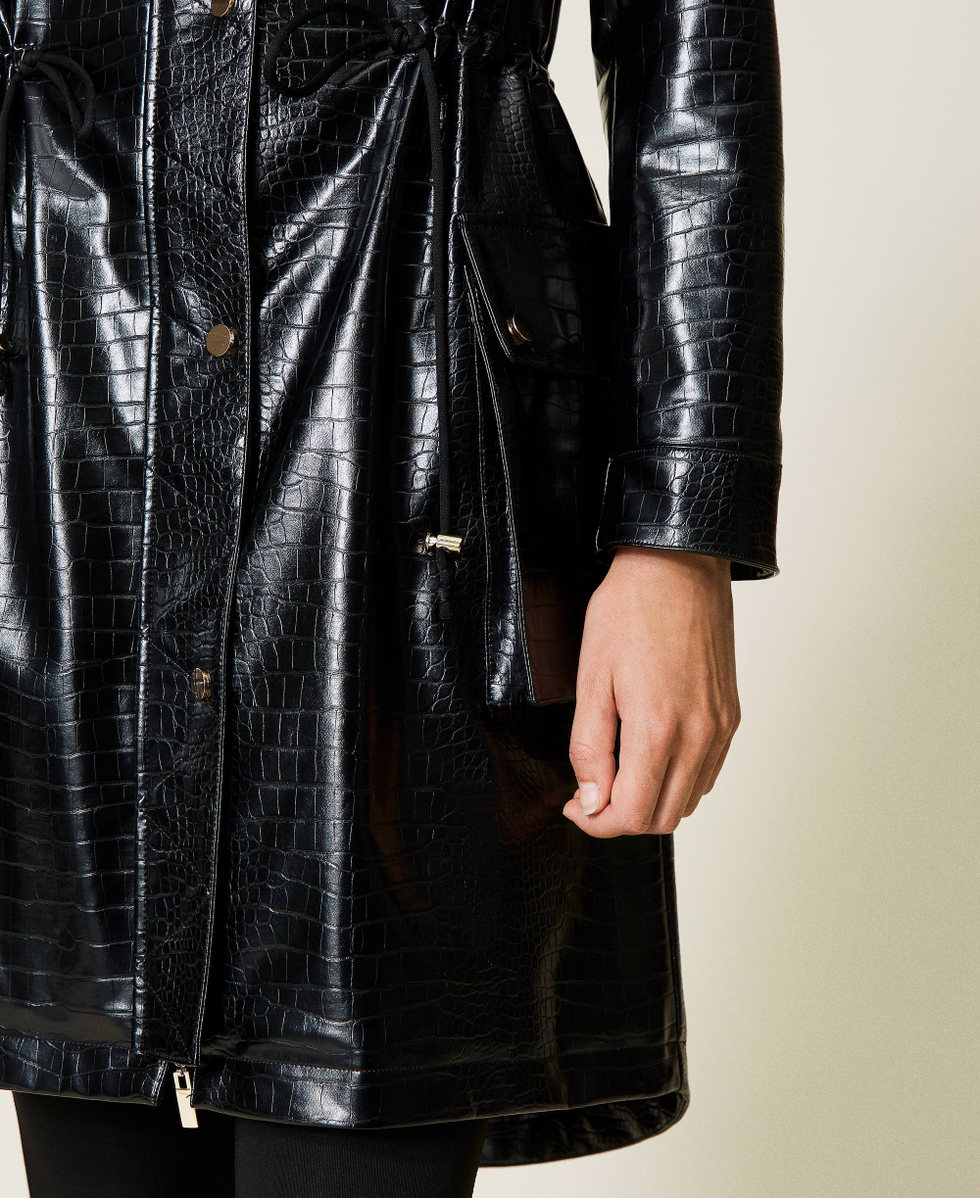 Crocodile print parka coat Woman Black TWINSET Milano