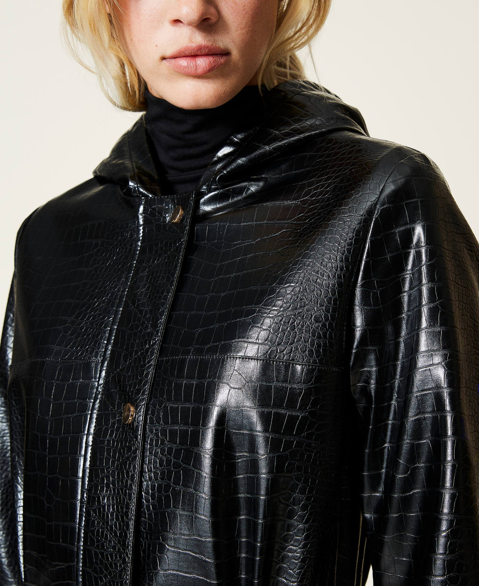 Crocodile print parka coat Woman Black TWINSET Milano
