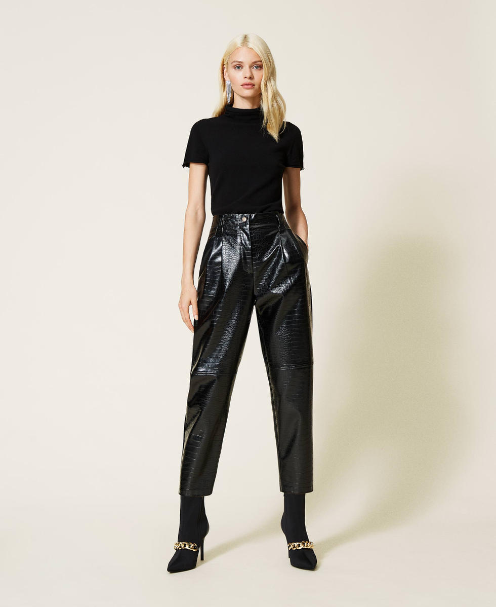 Faux Leather Pants - Black/crocodile-patterned - Ladies