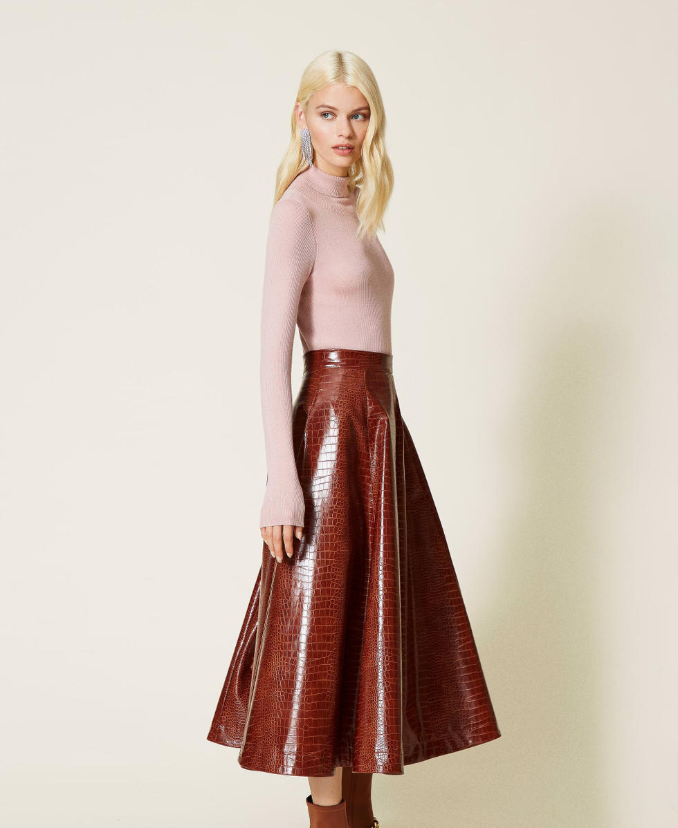 Jupe mi-longue avec imprim&eacute; croco Marron &laquo;&thinsp;Burned&thinsp;&raquo; Femme 212LI2ECC-02