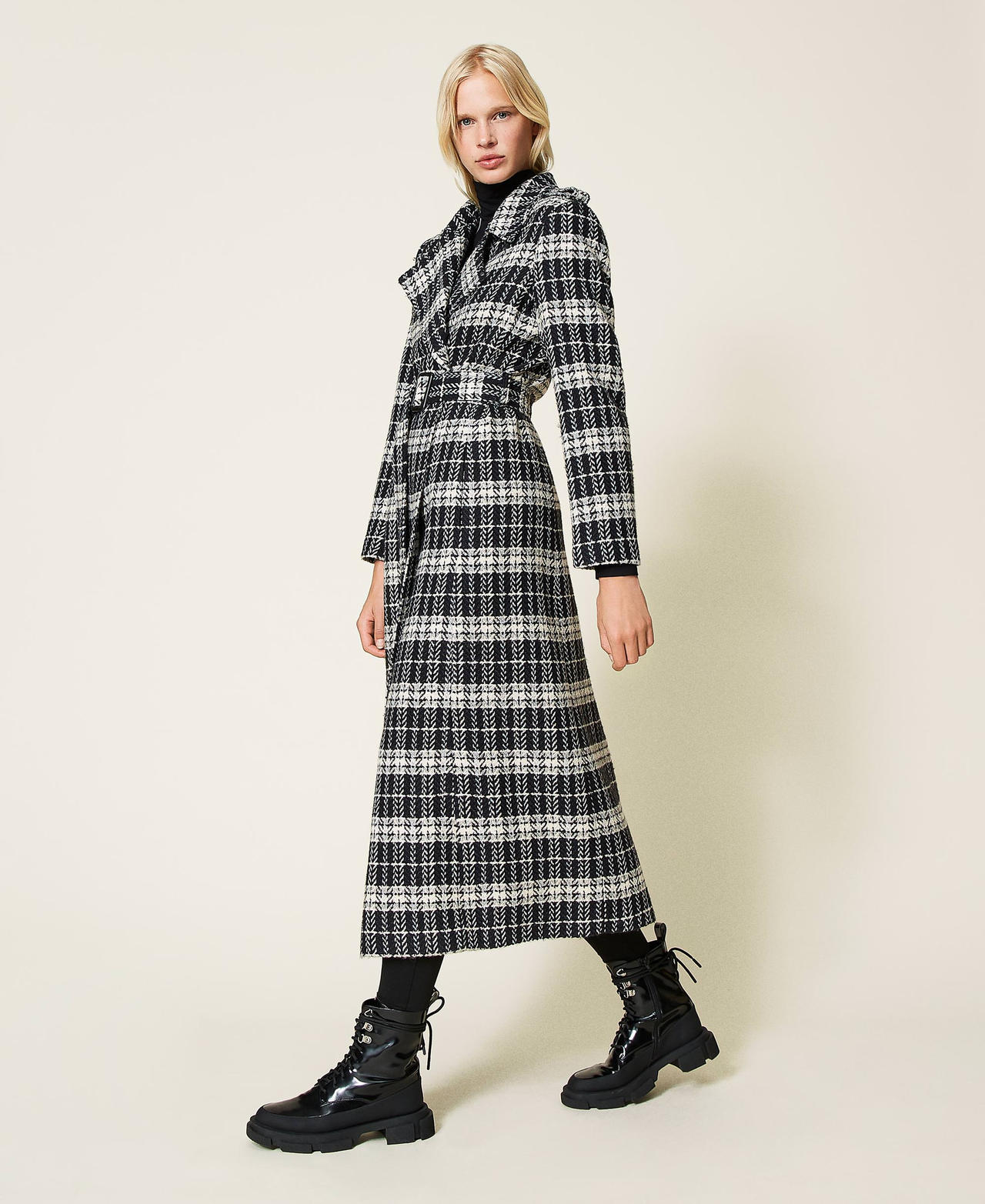 Wool blend coat with check pattern Black Check Woman 212LI2KBB-02