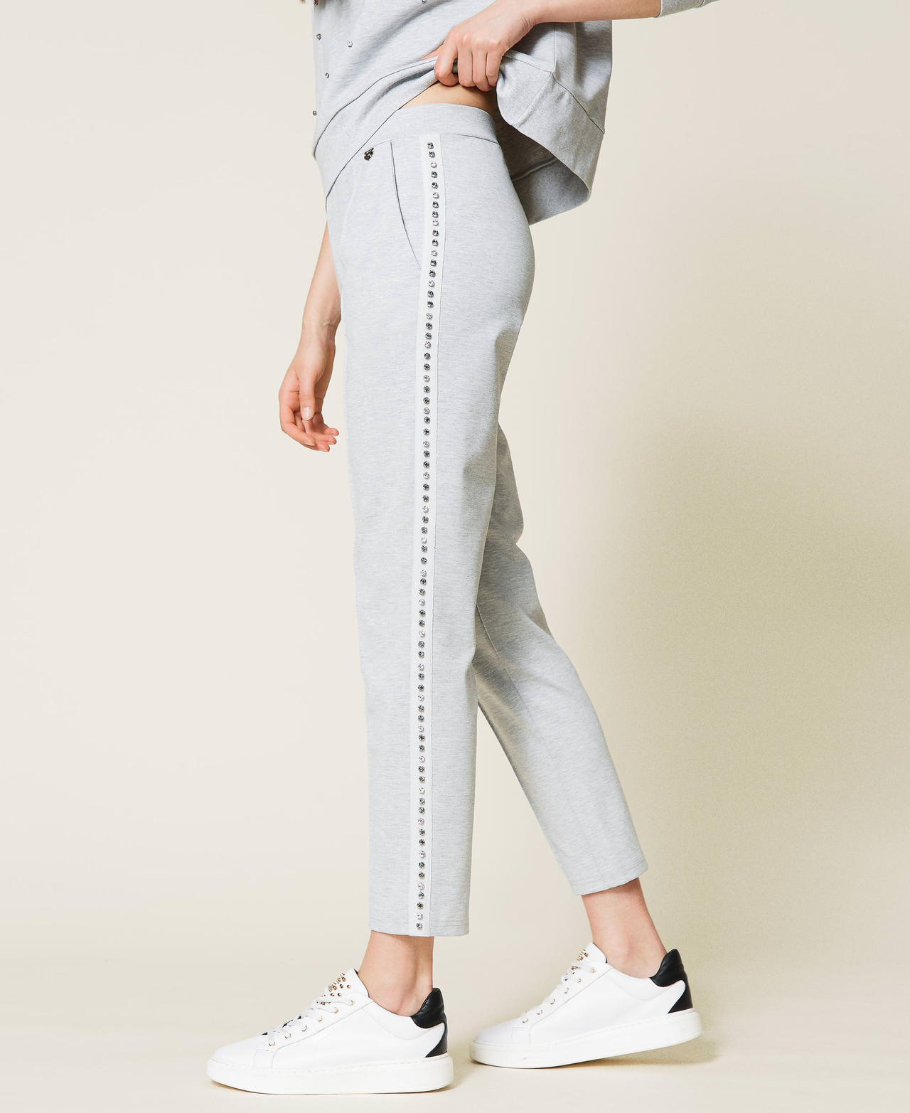 Plush fabric trousers with bezels Melange Grey Woman 212LI2RXX-03