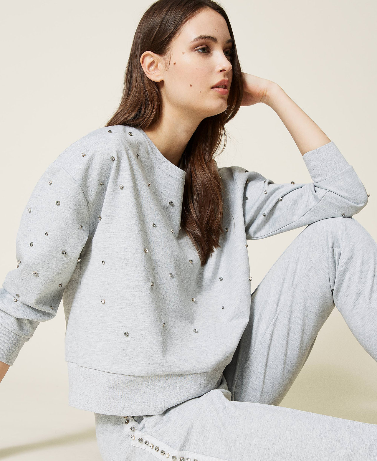 Mottled sweatshirt with bezels Melange Grey Woman 212LI2RYY-03