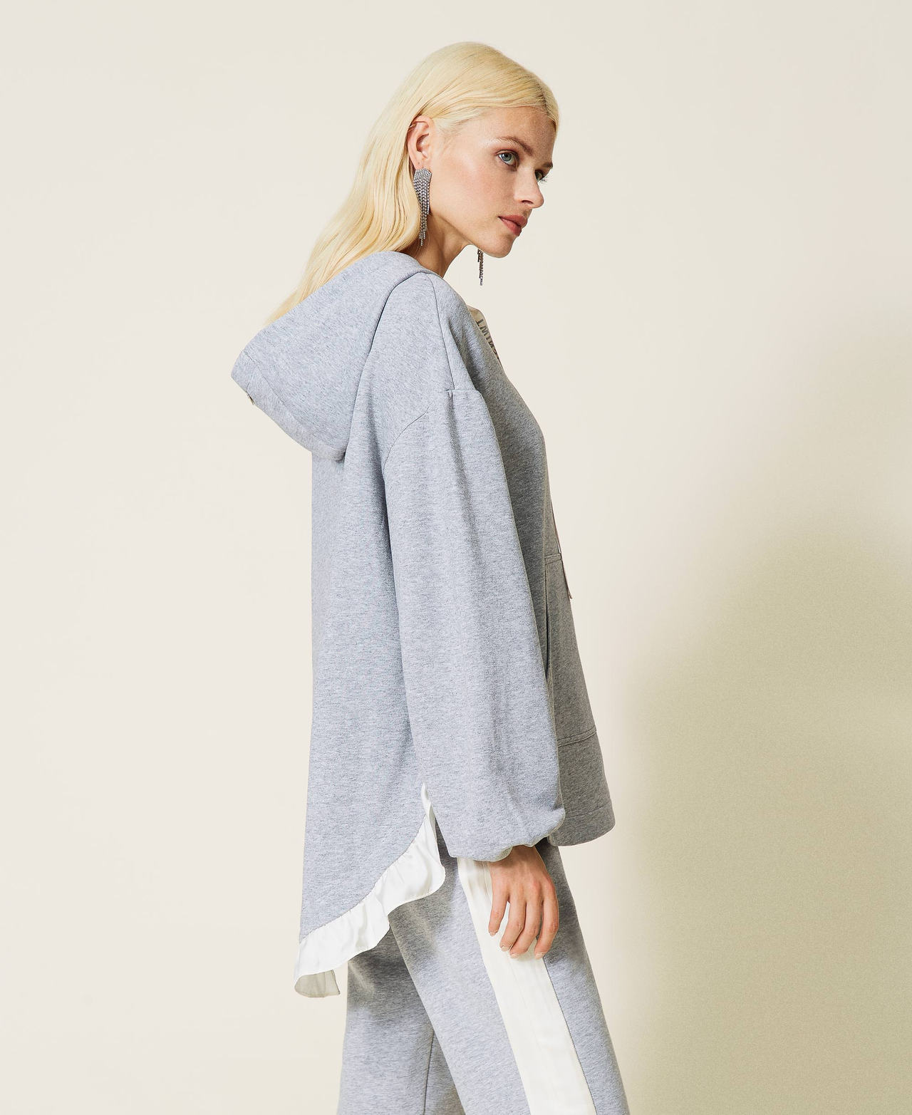 Felpa mélange con cappuccio Bicolor Grigio Mélange / Bianco "Butter Cream" Donna 212LI2SBB-02