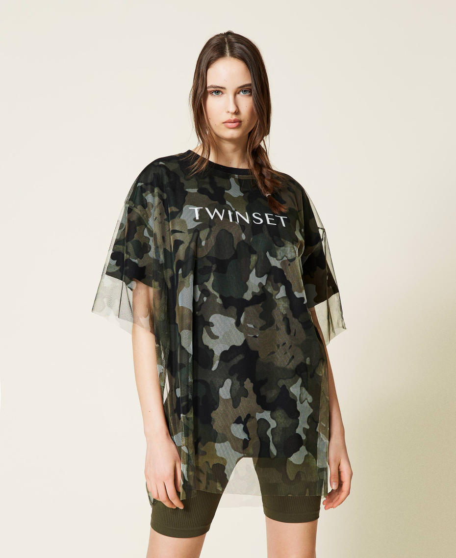 T-shirt with tulle and camouflage print Two-tone Black / Jungle Camouflage Print Woman 212LI2WGG-01