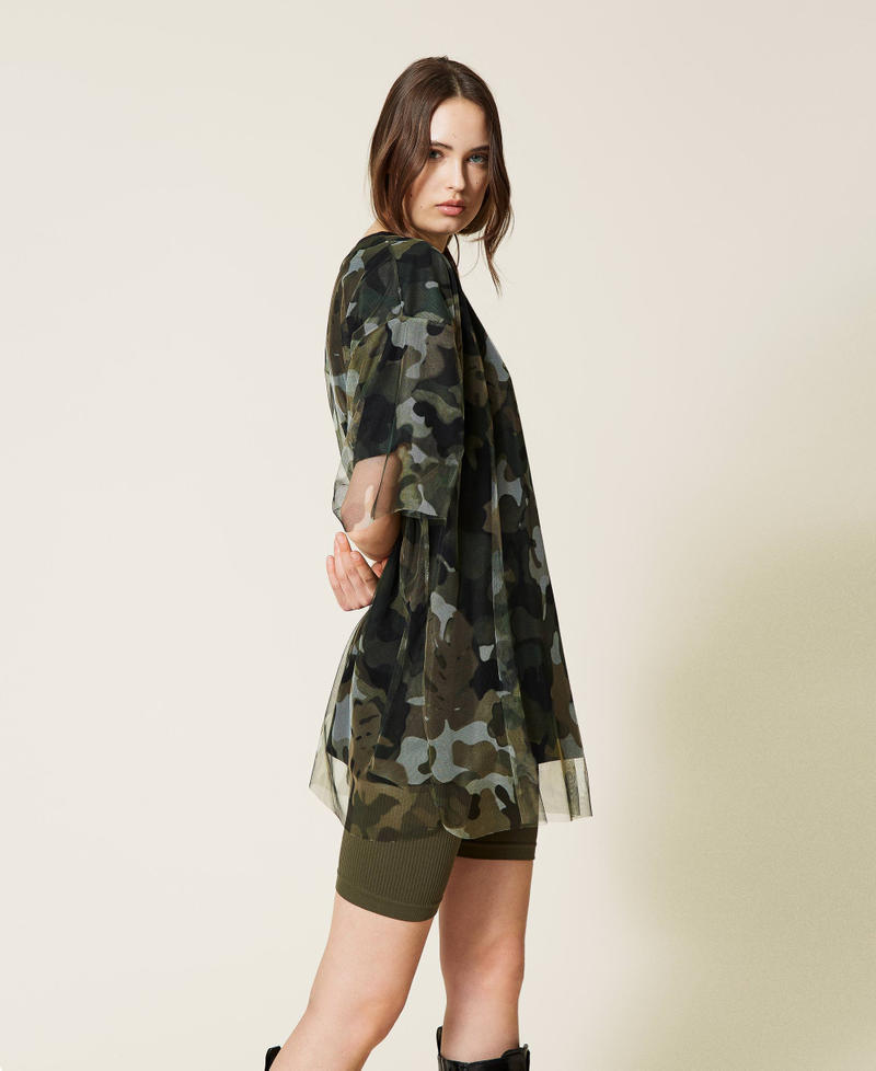 T-shirt with tulle and camouflage print Two-tone Black / Jungle Camouflage Print Woman 212LI2WGG-03