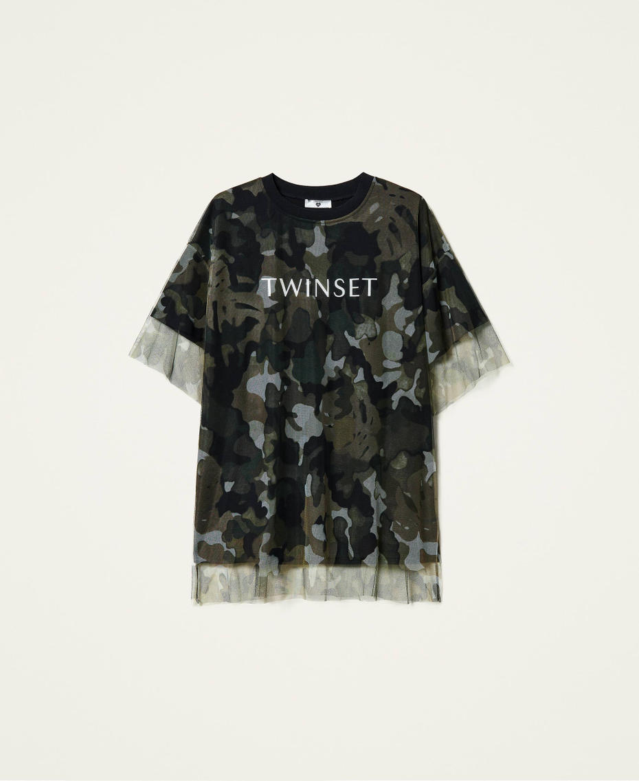 T-Shirt mit Tüll und Camouflageprint Zweifarbig Schwarz / Jungle-Camouflageprint Frau 212LI2WGG-0S