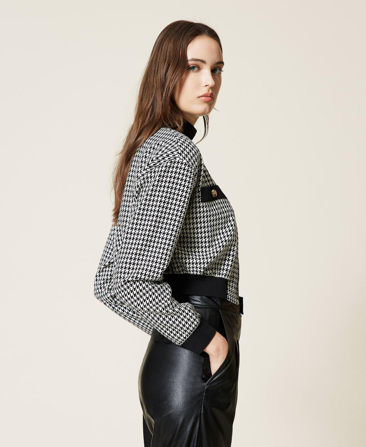 Houndstooth bomber jacket Ivory Houndstooth / Black Woman 212LI2YBB-02