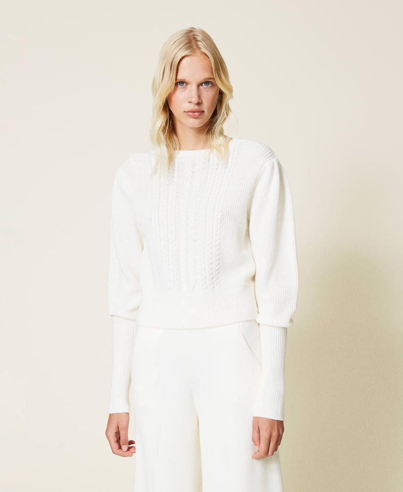 Wool blend jumper with cable knit “Butter Cream” White Woman 212LI3NGG-01