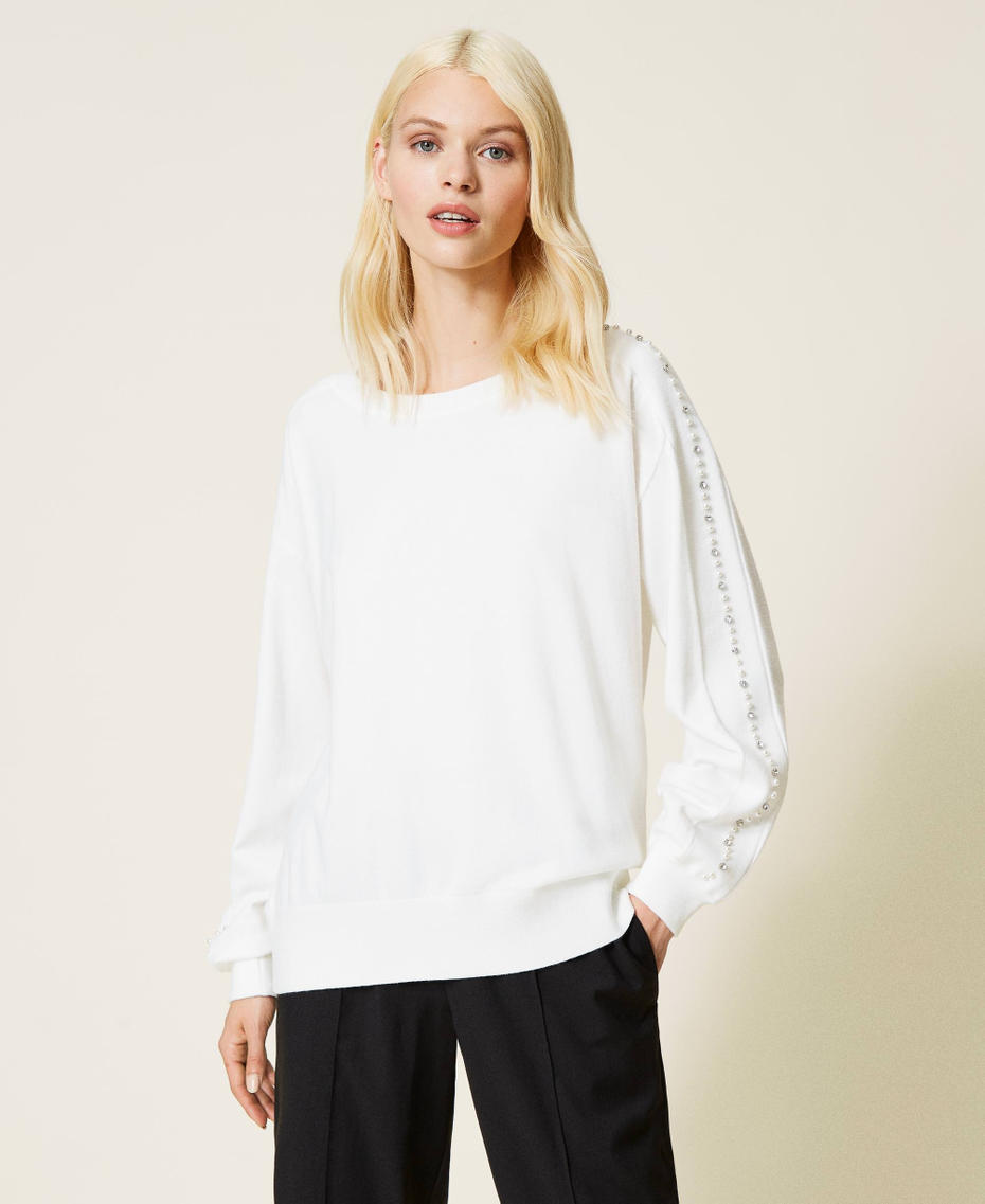 Pullover mit Perlen Elfenbein Frau 212LI3PAA-05