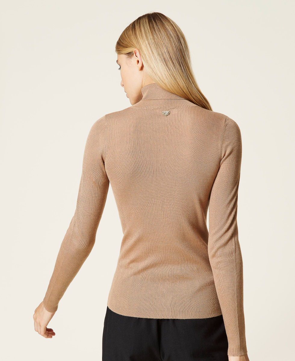 Ribbed turtleneck jumper with stitching Woman, Beige