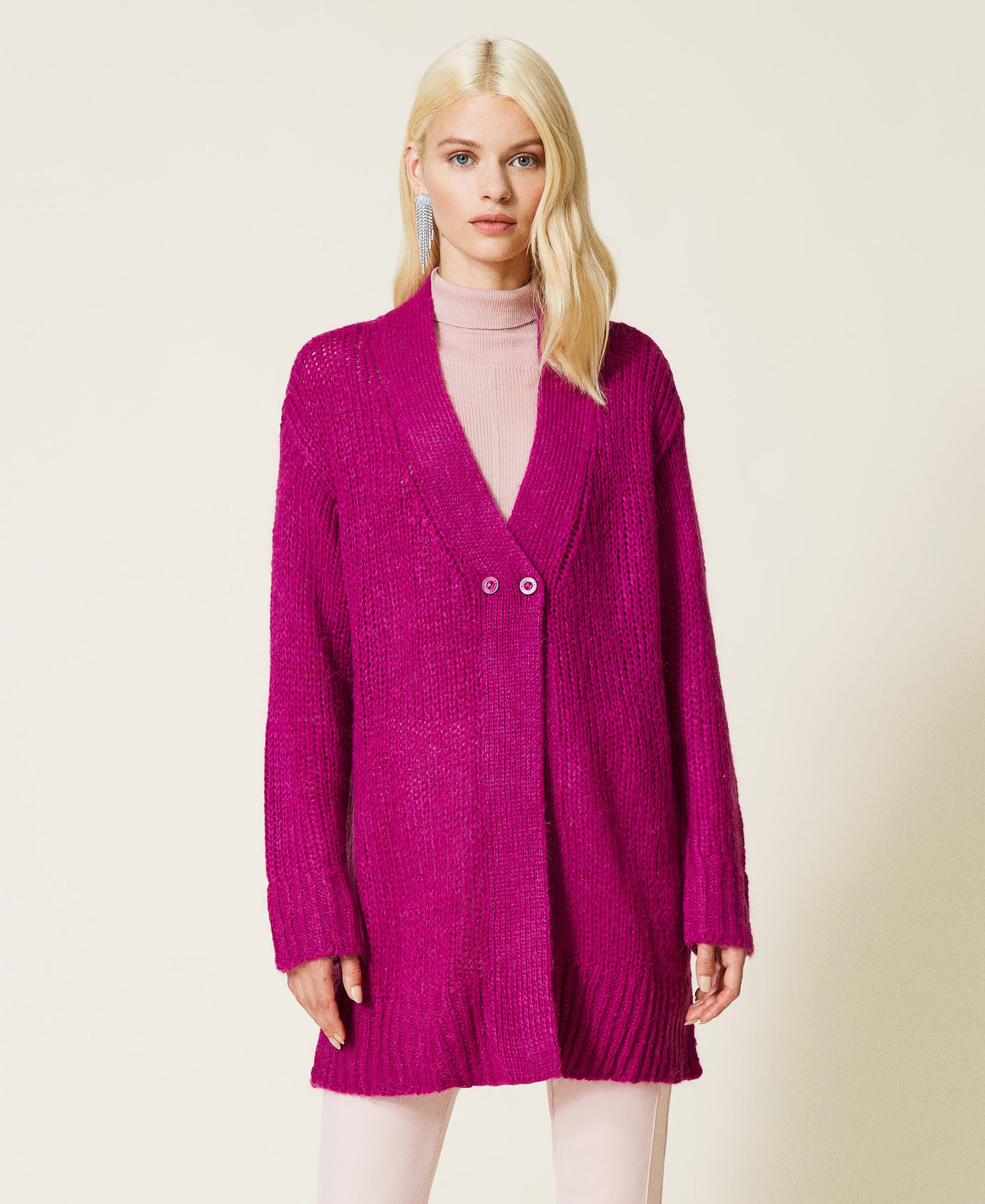 Double breasted cardigan with slits "Peony&rdquo; Fuchsia Woman 212LI3QYY-02