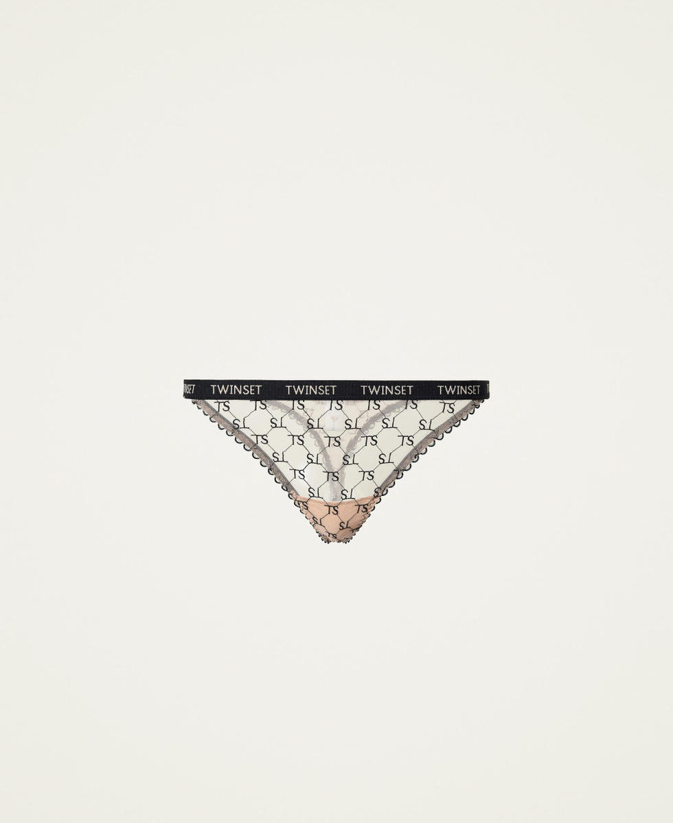 Stringtanga aus T&uuml;ll mit Logo-Gummiband Zweifarbig Nude Skin / Schwarz Frau 212LI6C88-0S