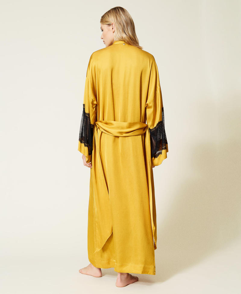 Robe de chambre longue en satin avec dentelle Bicolore Jaune « Safran » / Noir Femme 212LL2BKK-03