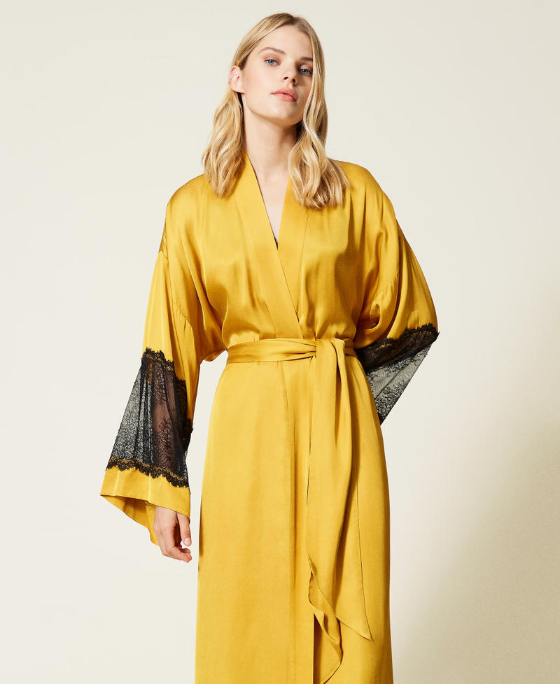 Long satin dressing gown with lace Two-tone “Saffron” Yellow / Black Woman 212LL2BKK-04