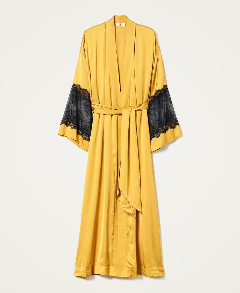 Long satin dressing gown with lace Two-tone “Saffron” Yellow / Black Woman 212LL2BKK-0S
