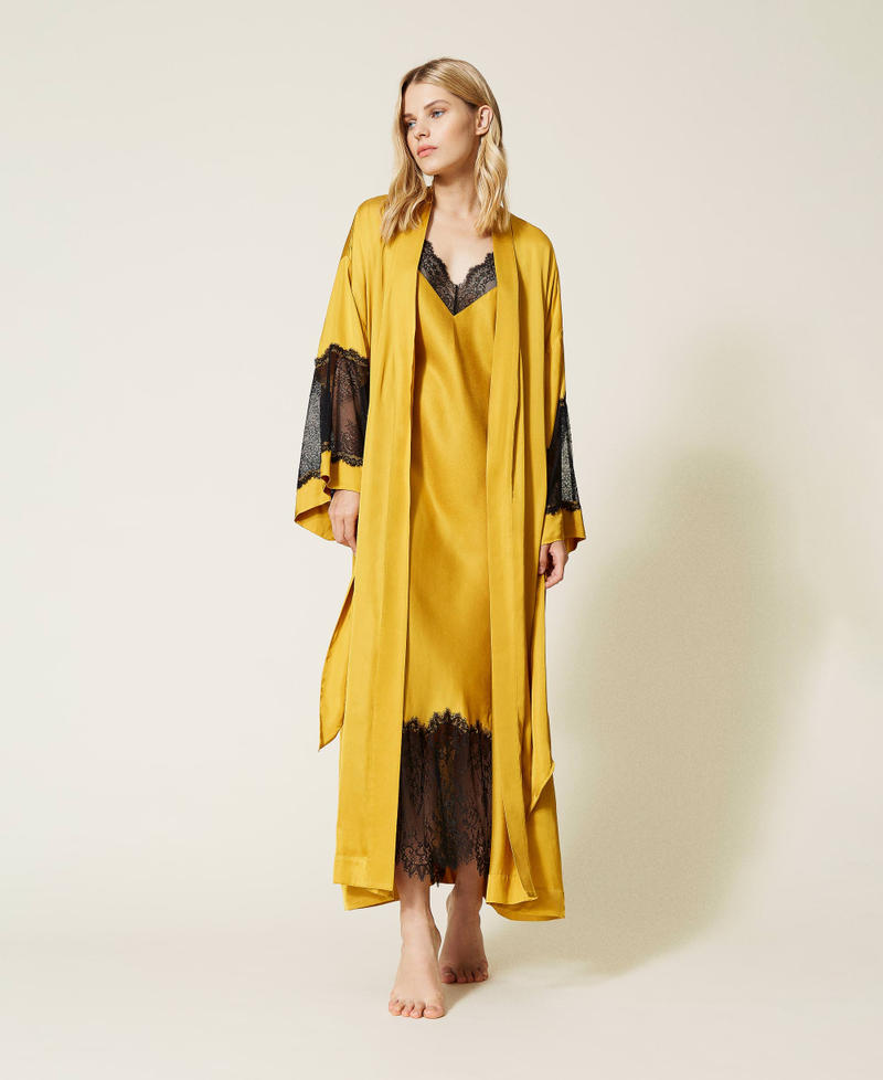 Long satin dressing gown with lace Two-tone “Saffron” Yellow / Black Woman 212LL2BKK-0T