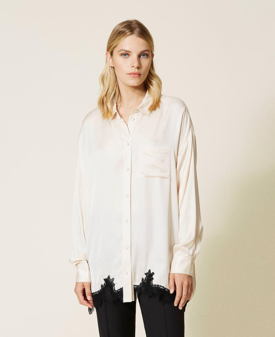 Satin shirt with lace Two-tone “Shell” Beige / Black Woman 212LL2BMM-01