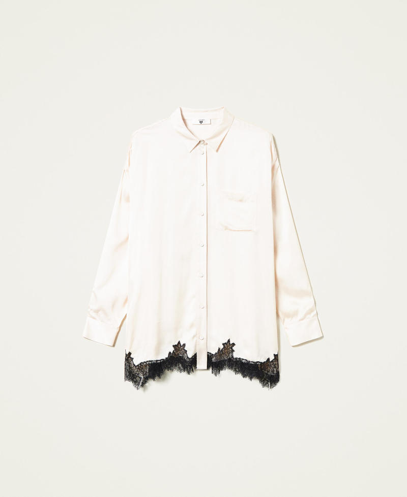 Satin shirt with lace Two-tone “Shell” Beige / Black Woman 212LL2BMM-0S