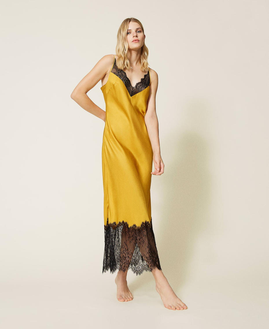 Sottoveste lunga in raso con pizzo Bicolor Giallo "Zafferano" / Nero Donna 212LL2BPP-01