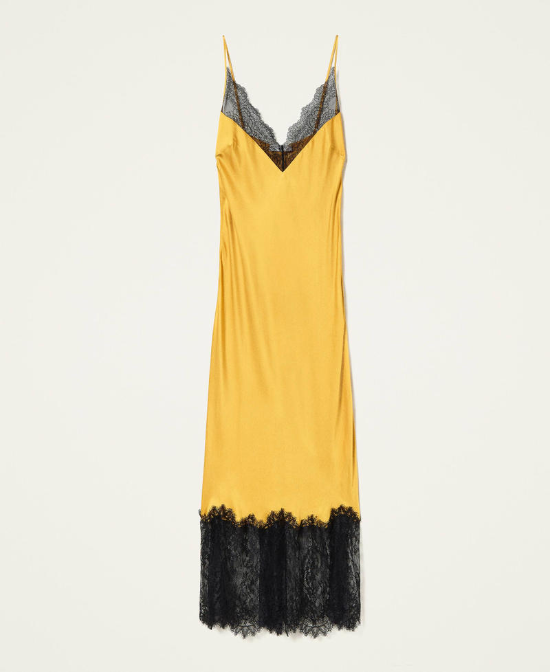 Combinación larga de raso con encaje Bicolor Amarillo «Azafrán» / Negro Mujer 212LL2BPP-0S