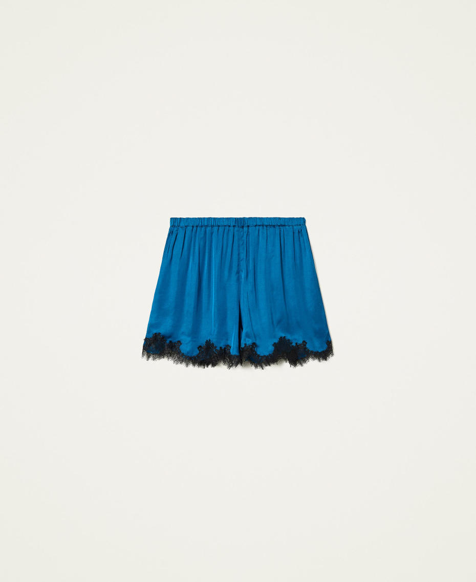 Shorts aus Satin mit Spitze Zweifarbig Blue Opal / Schwarz Frau 212LL2BQQ-0S