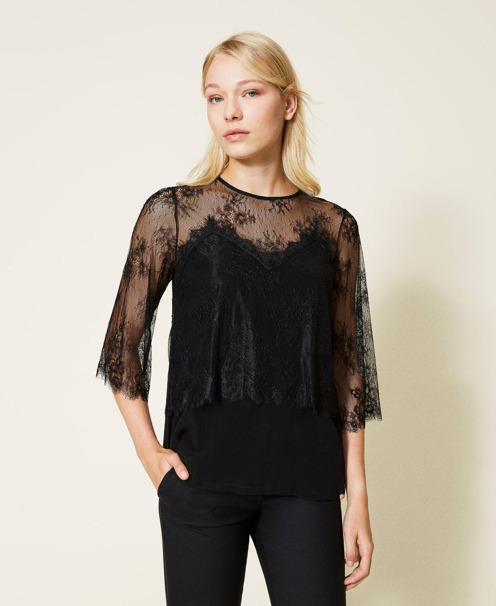 Blusa de encaje Chantilly Mujer Negro TWINSET Milano