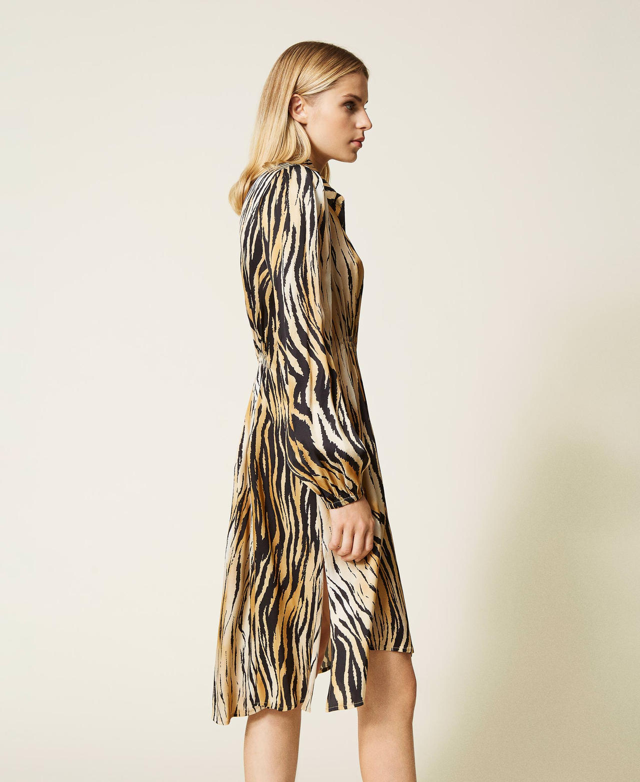 Robe chemisier en satin animalier Imprim&eacute; Tigre Femme 212LL2EPP-02