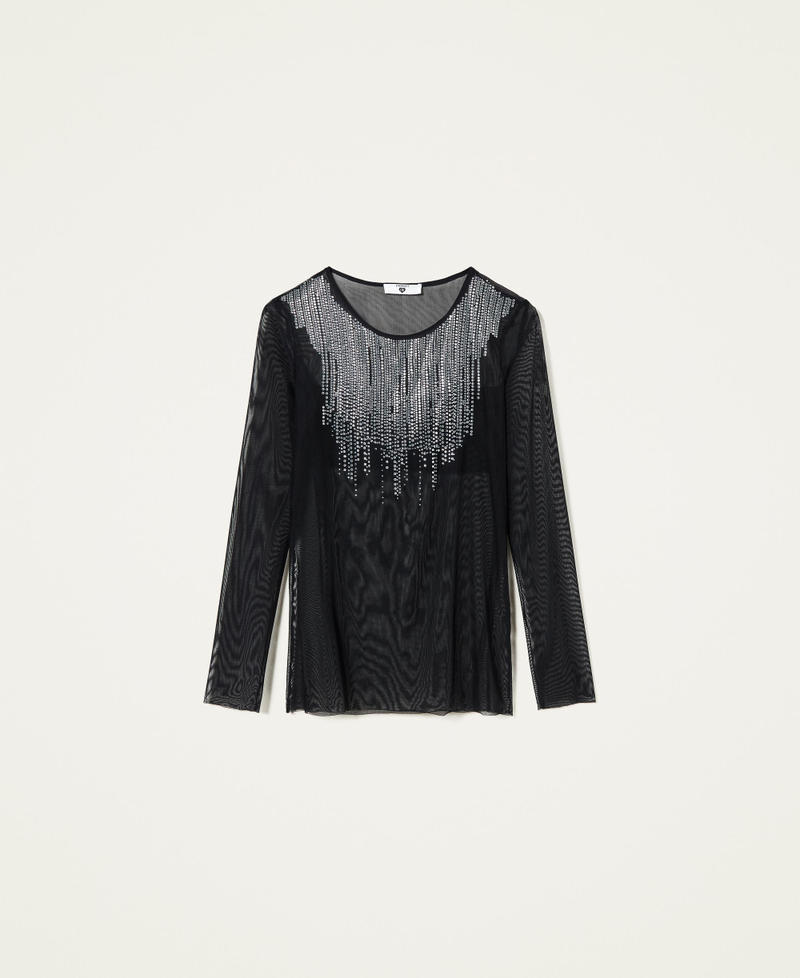 Bluse aus T&uuml;ll mit Strass Schwarz Frau 212LL2FWW-0S