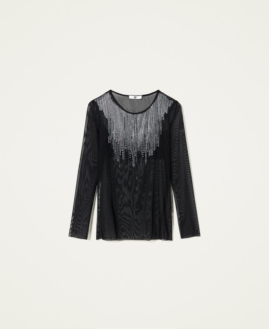 Bluse aus T&uuml;ll mit Strass Schwarz Frau 212LL2FWW-0S