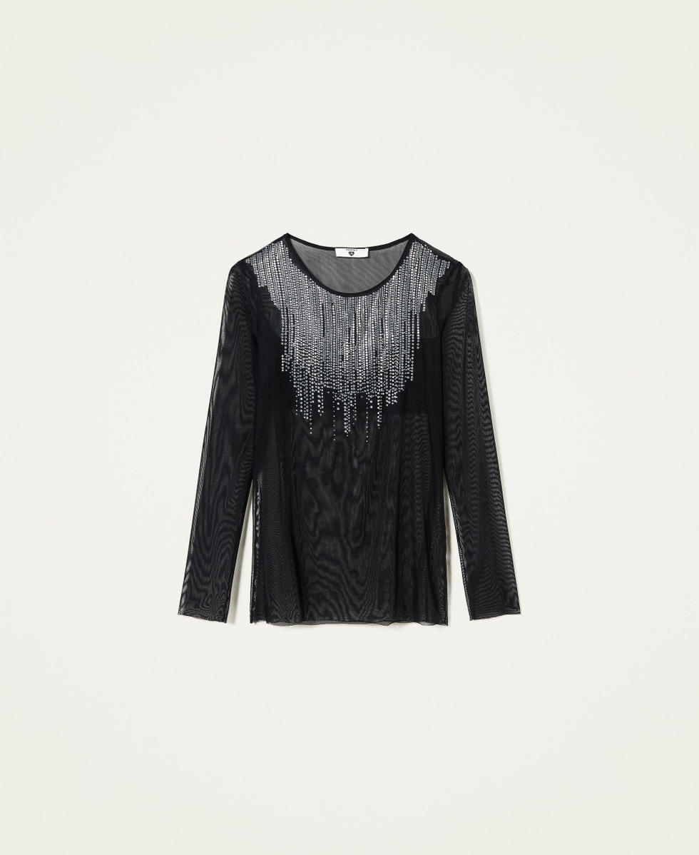Bluse aus T&uuml;ll mit Strass Schwarz Frau 212LL2FWW-0S