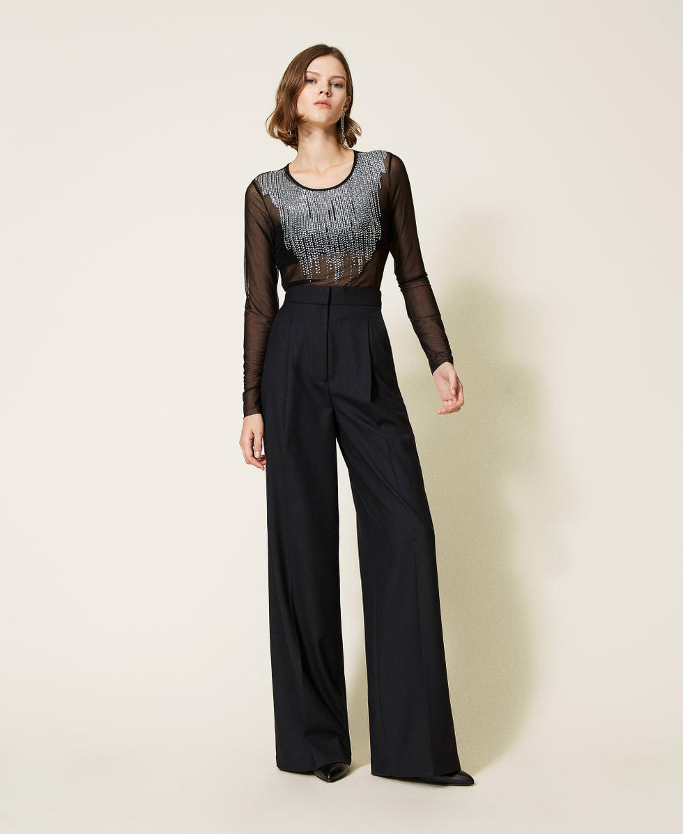 Bluse aus T&uuml;ll mit Strass Schwarz Frau 212LL2FWW-0T