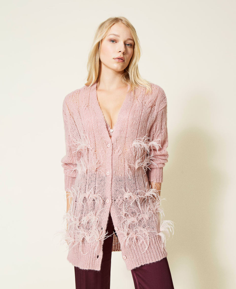 Wool blend cardigan with feathers “Pale Mauve” Pink Woman 212LL3HNN-01