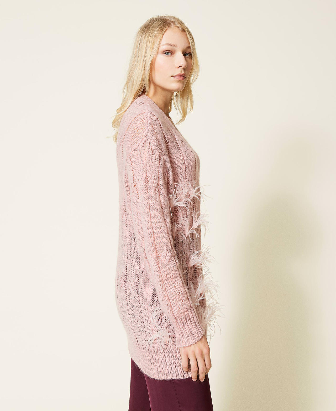 C&aacute;rdigan de mezcla de lana con plumas Rosa &laquo;Pale Mauve&raquo; Mujer 212LL3HNN-03