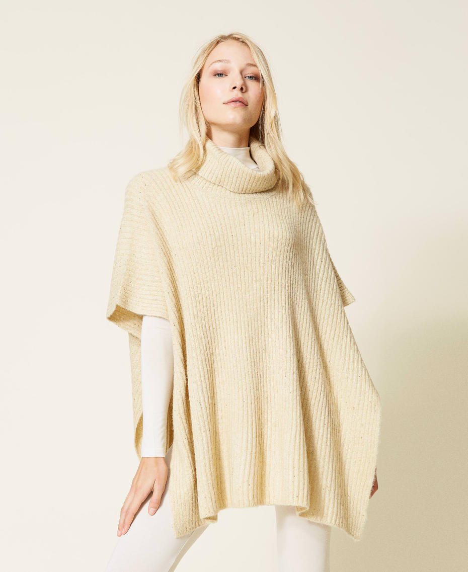 Knit poncho with sequins "Shell" Beige Woman 212LL4ZMM-01
