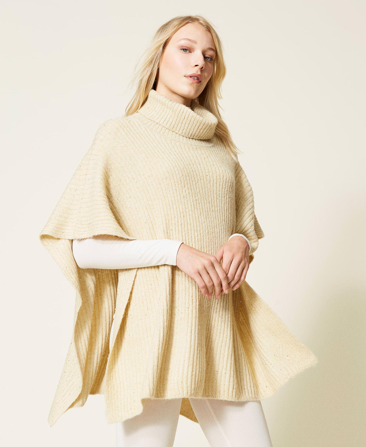Knit poncho with sequins "Shell" Beige Woman 212LL4ZMM-02