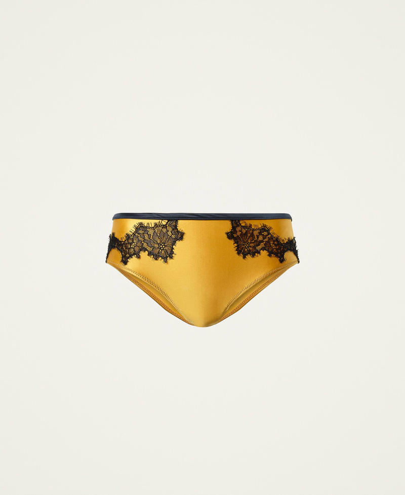 Satin Brazilian briefs with lace Two-tone &ldquo;Saffron&rdquo; Yellow / Black Woman 212LL6B00-0S