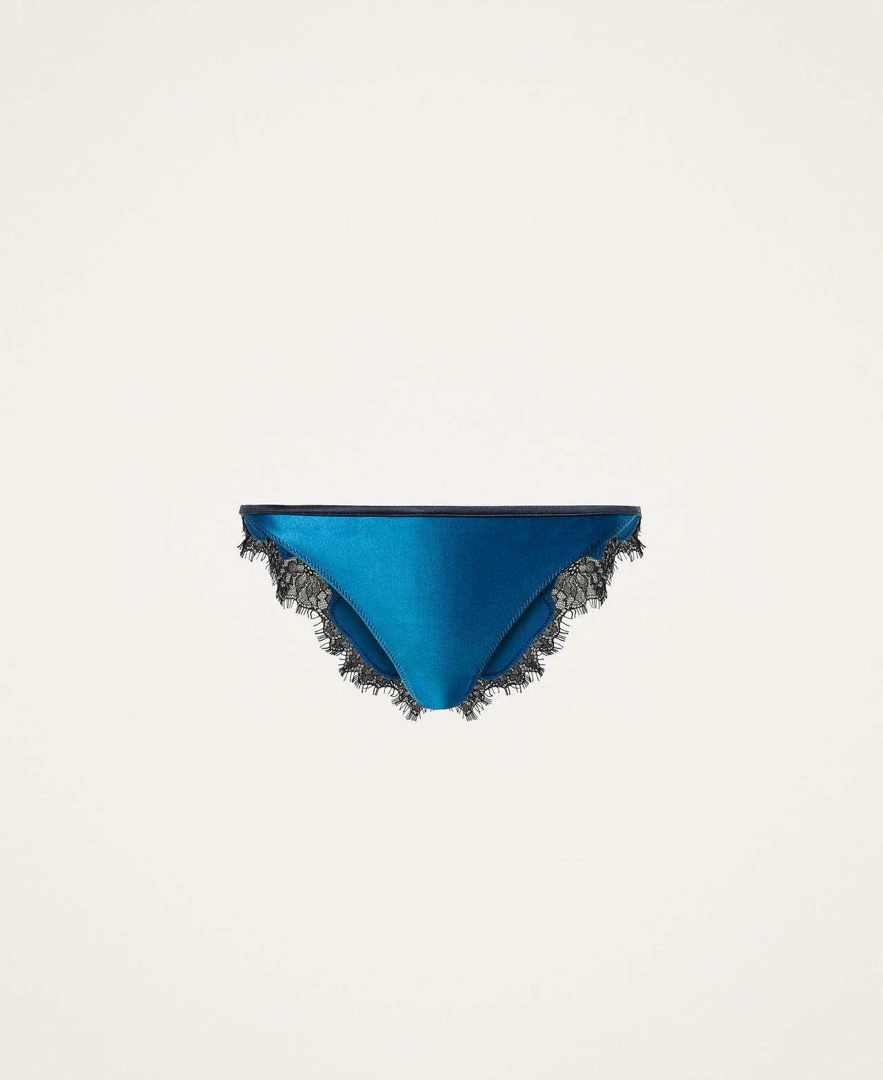 Satin Brazilian briefs with laminated lace Two-tone Blue Opal / Black Woman 212LL6B77-0S