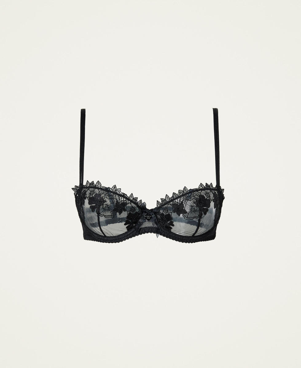 Embroidered tulle underwire bra Woman, Black