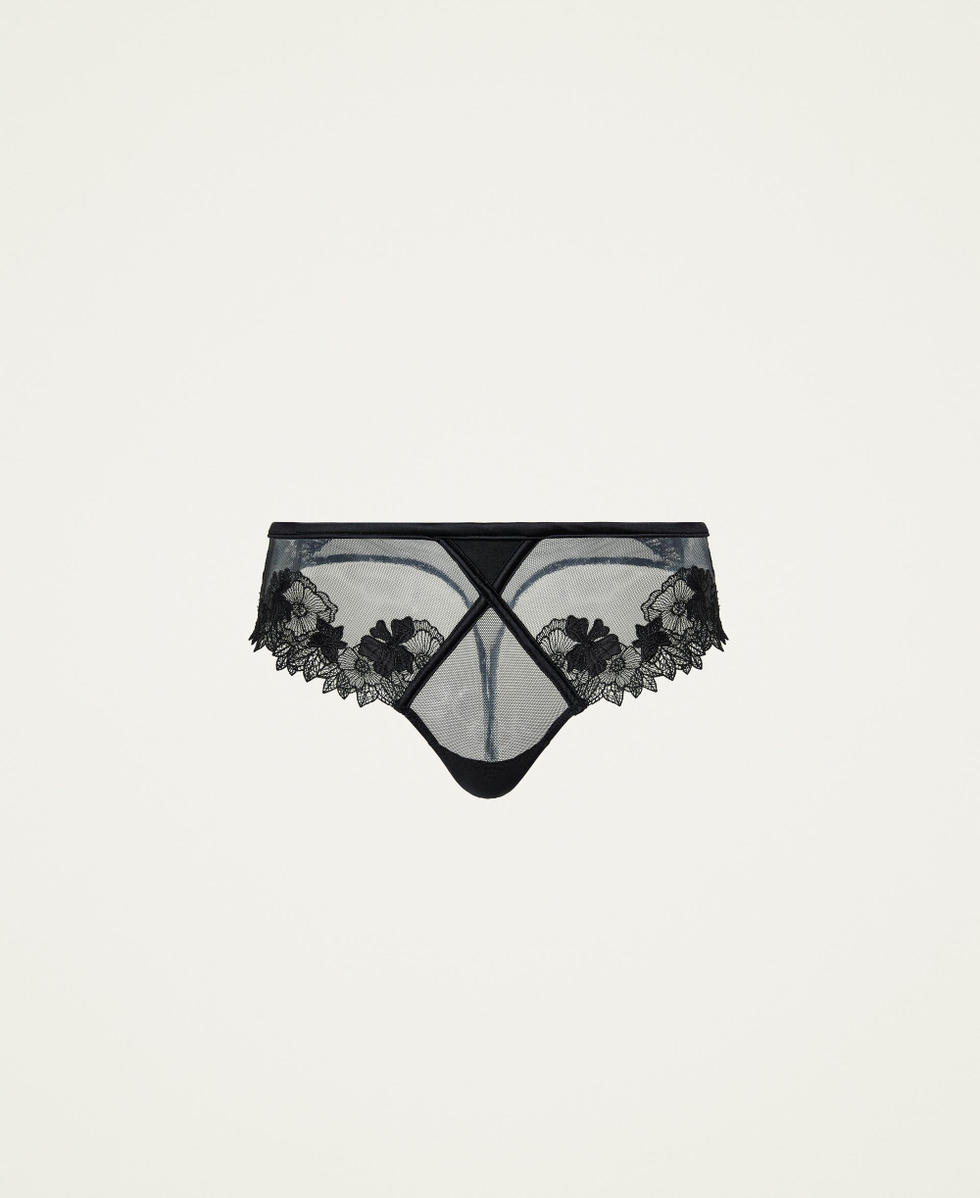 Embroidered tulle g-string Woman, Black | TWINSET Milano