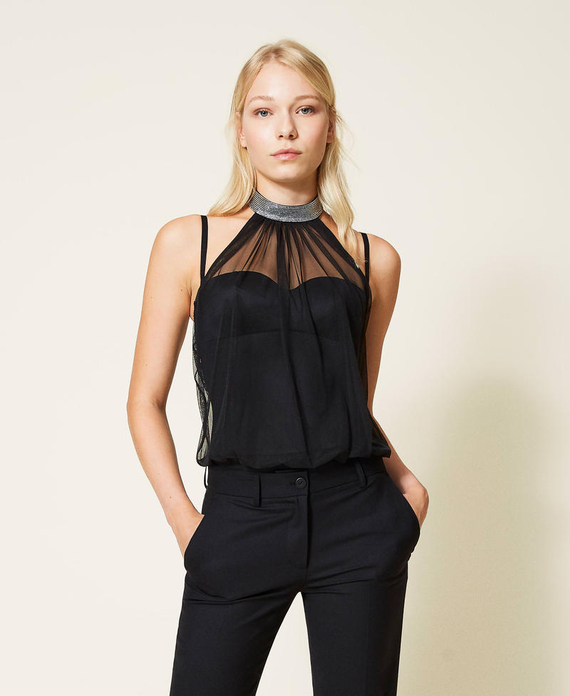 Body en satin et tulle avec strass Noir Femme 212LL6L00-02